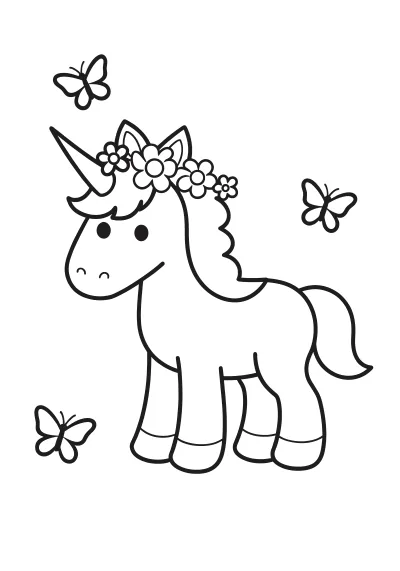 Enhörning med blomkrans och fjärilar