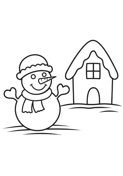 Snögubbe framför en snöig stuga